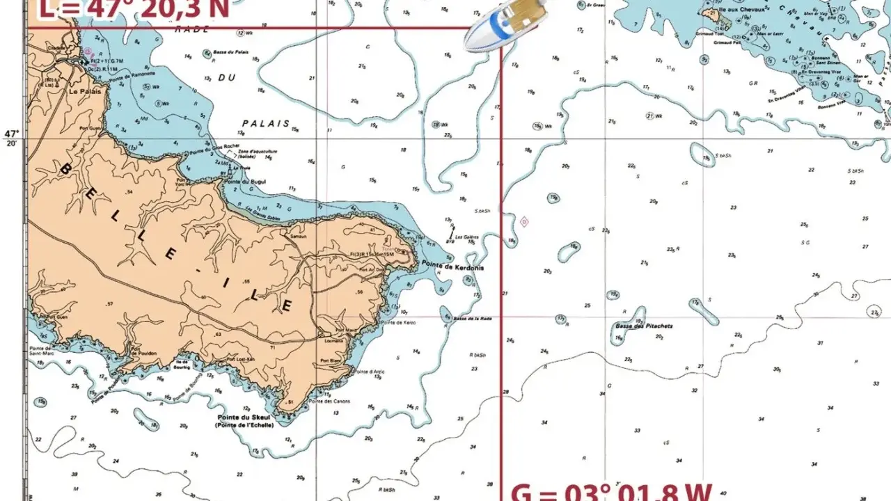 Carte de navigation maritime de la région de Belle-Île, avec une illustration de bateau.