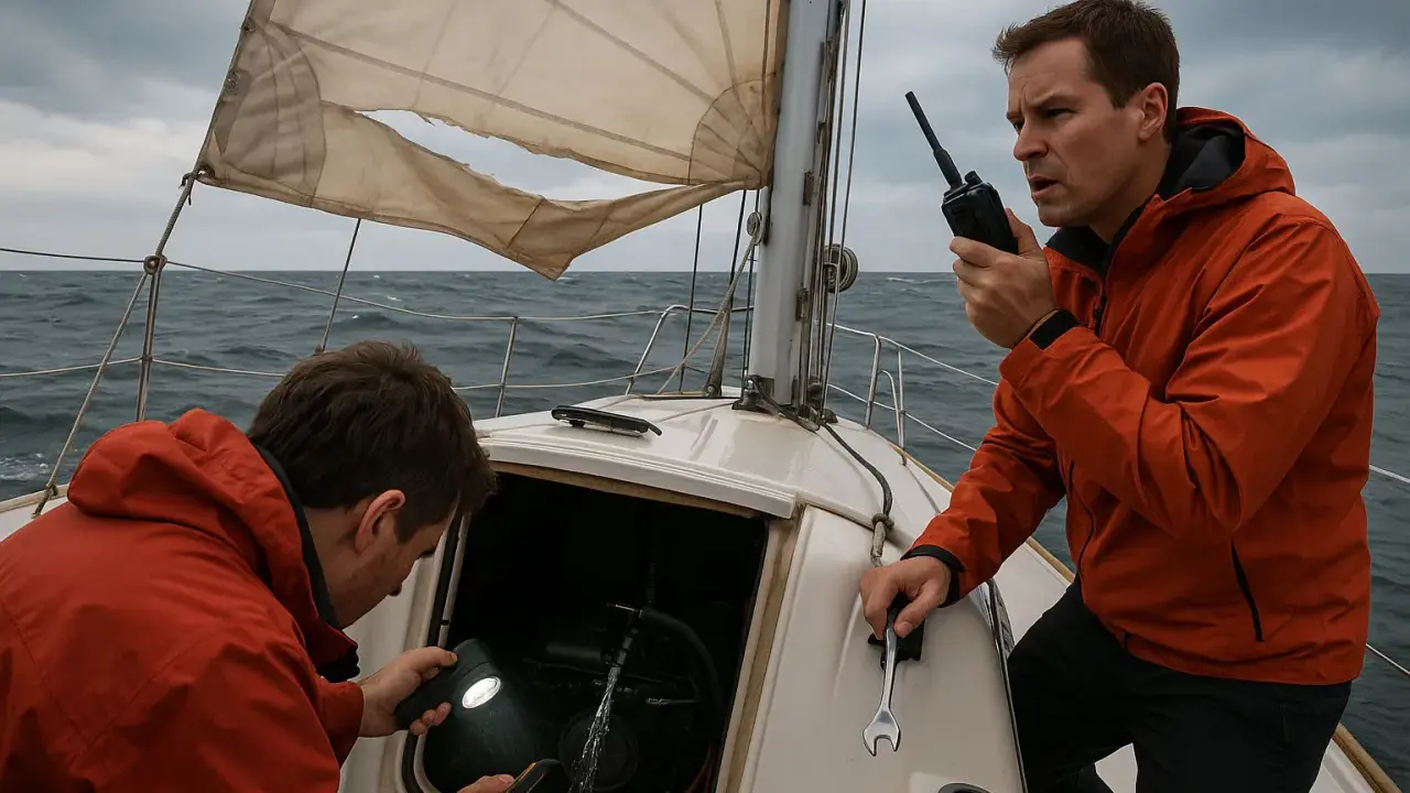 Deux hommes sur un voilier en mer agitée examinent le moteur. L'un éclaire avec une lampe torche, l'autre tient une clé, peut-être pour le fonctionnement inverseur moteur bateau.