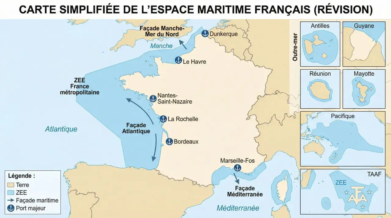 Carte simplifiée de l'espace maritime français, montrant les façades maritimes et les ZEE. Une carte fond marin essentielle pour comprendre l'étendue des eaux françaises.