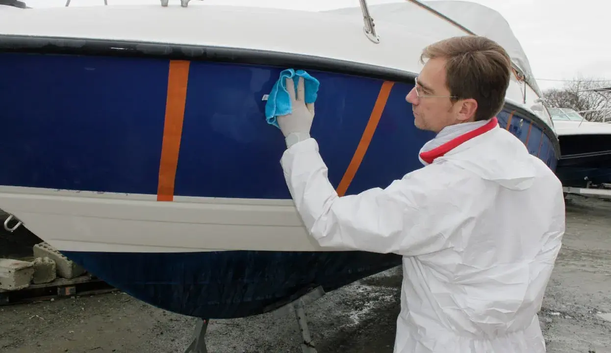 Un homme en combinaison blanche effectue l'entretien d'un bateau bleu et blanc, le lustrant avec un chiffon bleu.