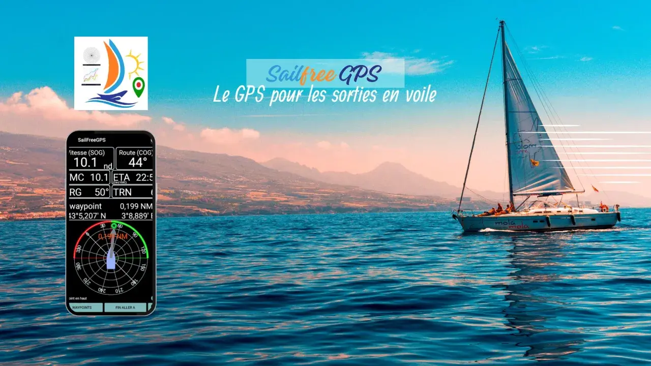 Application GPS bateau SailFreeGPS affichant vitesse, route et waypoints. Un voilier navigue sur une mer bleue, montagnes en arrière-plan.