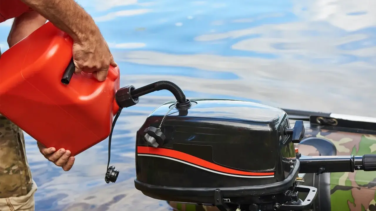 Un homme verse de l'essence dans un moteur hors-bord. Il se demande quel essence pour moteur 2 temps utiliser pour sa sortie en bateau.