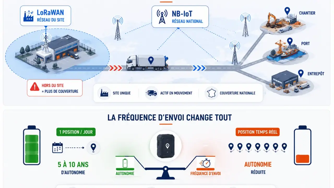 Schéma expliquant comment fonctionne un GPS pour un actif mobile : réseau LoRaWAN, NB-IoT, couverture nationale, et impact de la fréquence d'envoi sur l'autonomie.