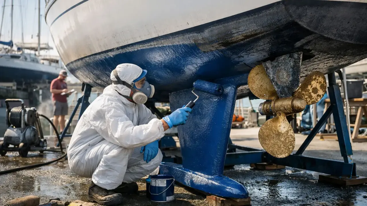 Un homme en combinaison blanche et masque peint la coque bleue d'un bateau. Le calle bateau est en cours de rénovation.