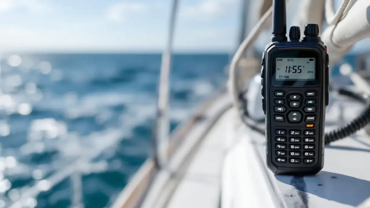 Une radio portee vhf sur un bateau, avec la mer en arrière-plan.