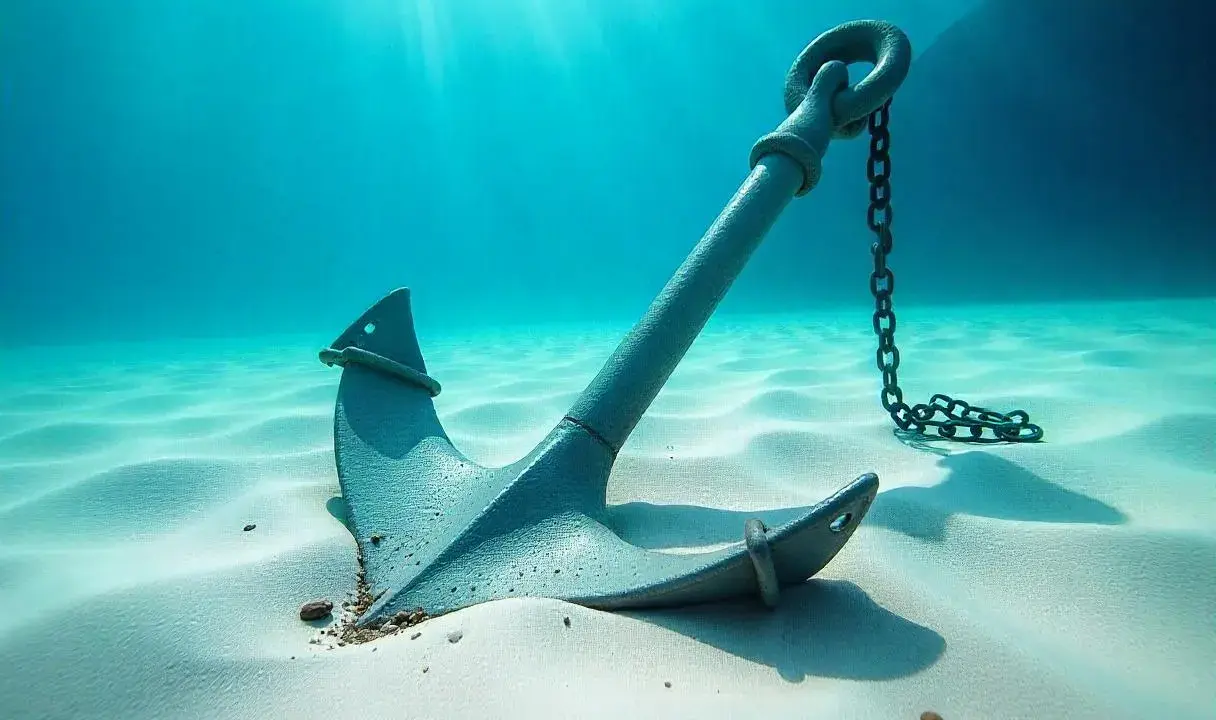 Ancre de bateau posée sur le sable blanc au fond de l'océan, sous des rayons de soleil. Quelle ancre pour mon bateau ?