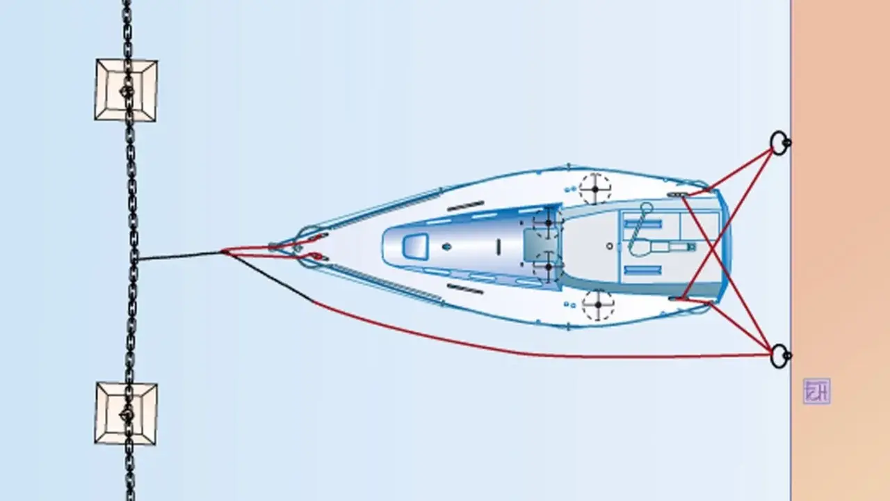 Schéma d'un amarrage bateau pendille : le voilier est relié à des chaînes et amarres pour rester stable.