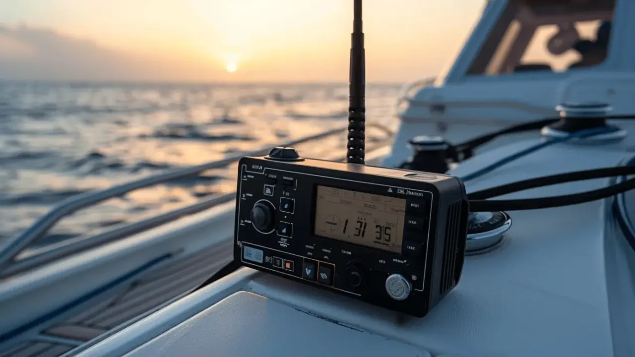 Radio VHF sur un bateau au coucher du soleil. Le classement VHF est essentiel pour la sécurité en mer.