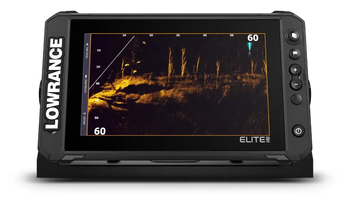 Écran Lowrance Elite FS affichant un sonar SideScan, idéal pour l'installation de sonde.