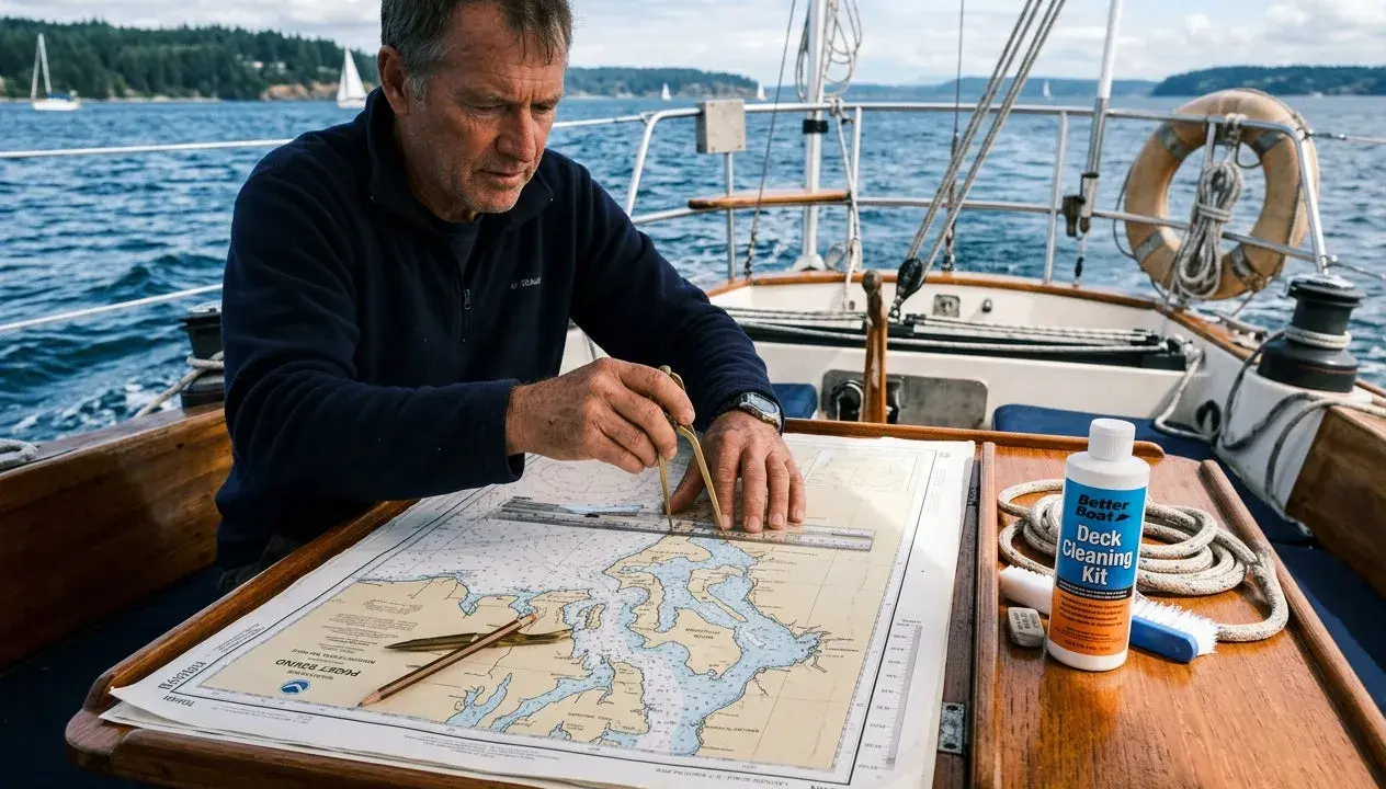 Un homme utilise un compas de marine pour lire une carte nautique sur un voilier.