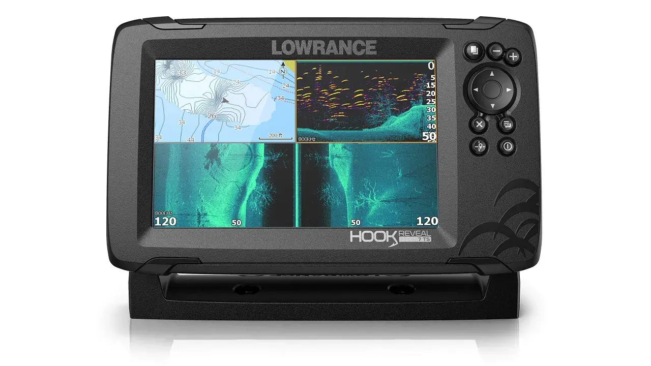 Écran du sondeur Lowrance Hook 7 affichant une carte nautique et des vues sonar. Réglage sondeur Lowrance Hook 7 pour une pêche réussie.