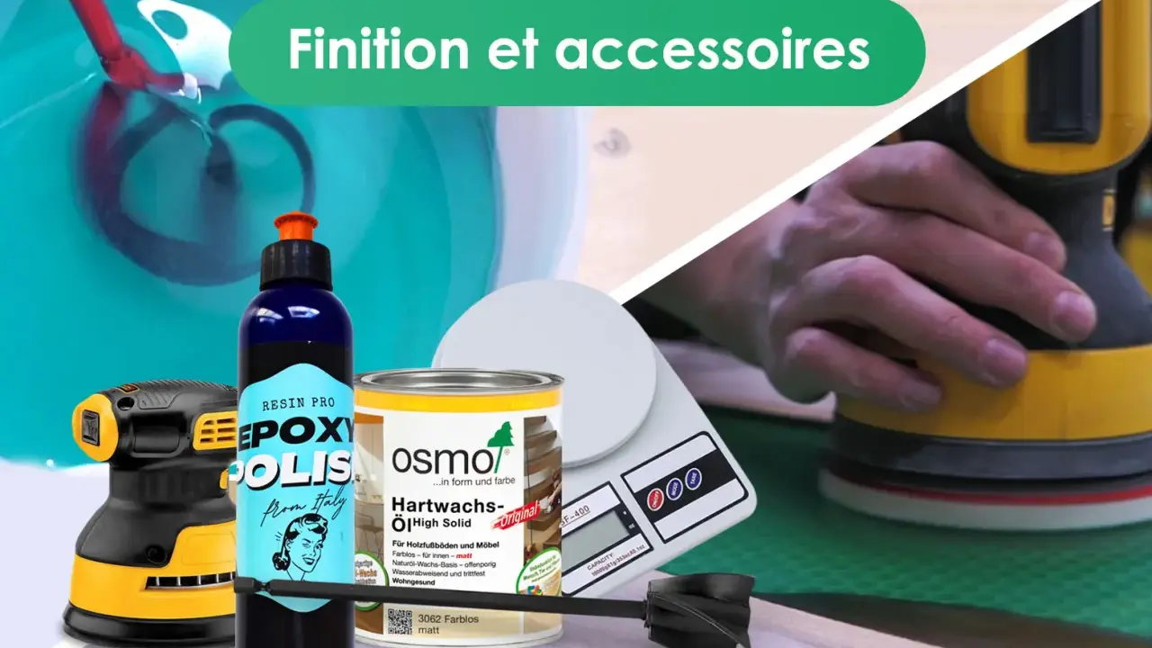 Outils de finition : ponceuse, mélangeur, balance, pot d'huile pour bois. Une alternative à la résine époxy pour un fini naturel.