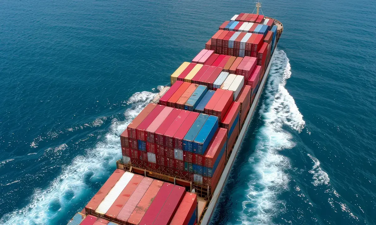 Un immense porte-conteneurs navigue sur une mer bleue, témoignant du **trafic maritime** mondial. Des conteneurs colorés s'empilent sur le pont.