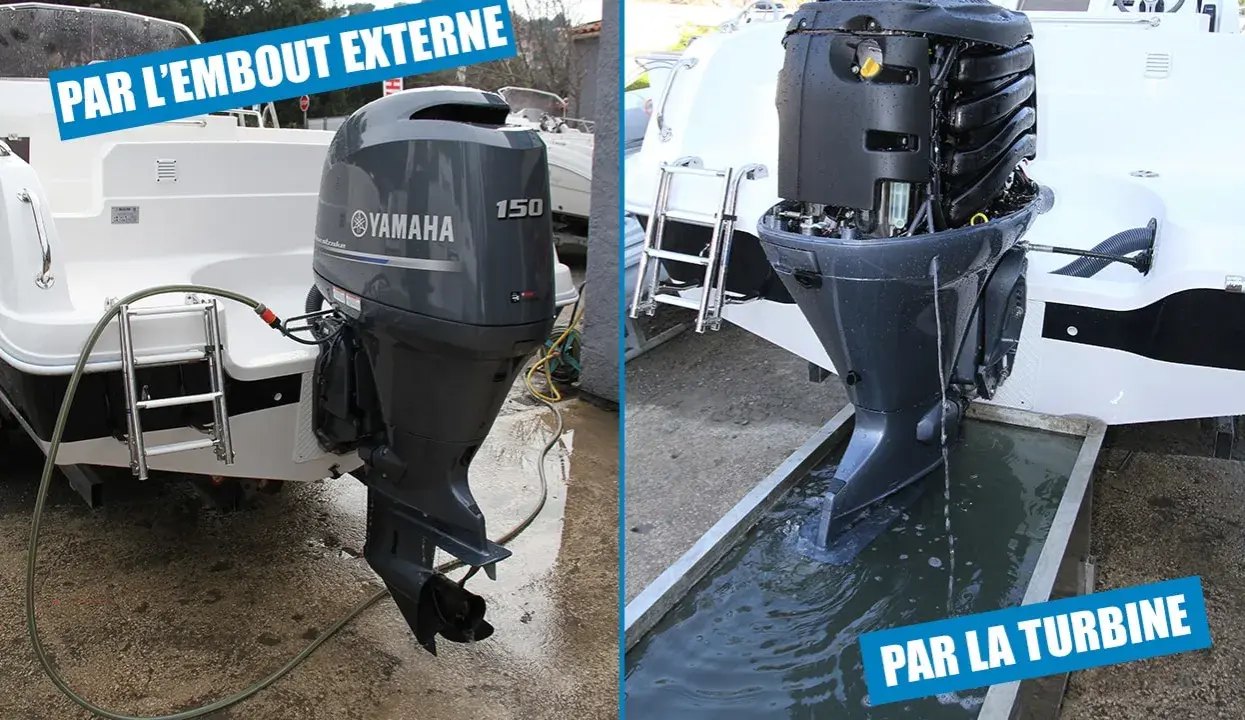 Comment rincer moteur hors-bord avec oreilles : une méthode par l'embout externe, l'autre par la turbine.