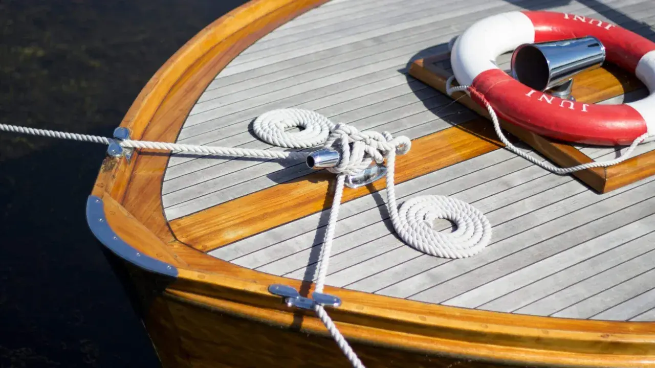 Détail d'une peinture de bateau en bois, avec cordages blancs et une bouée de sauvetage rouge et blanche.