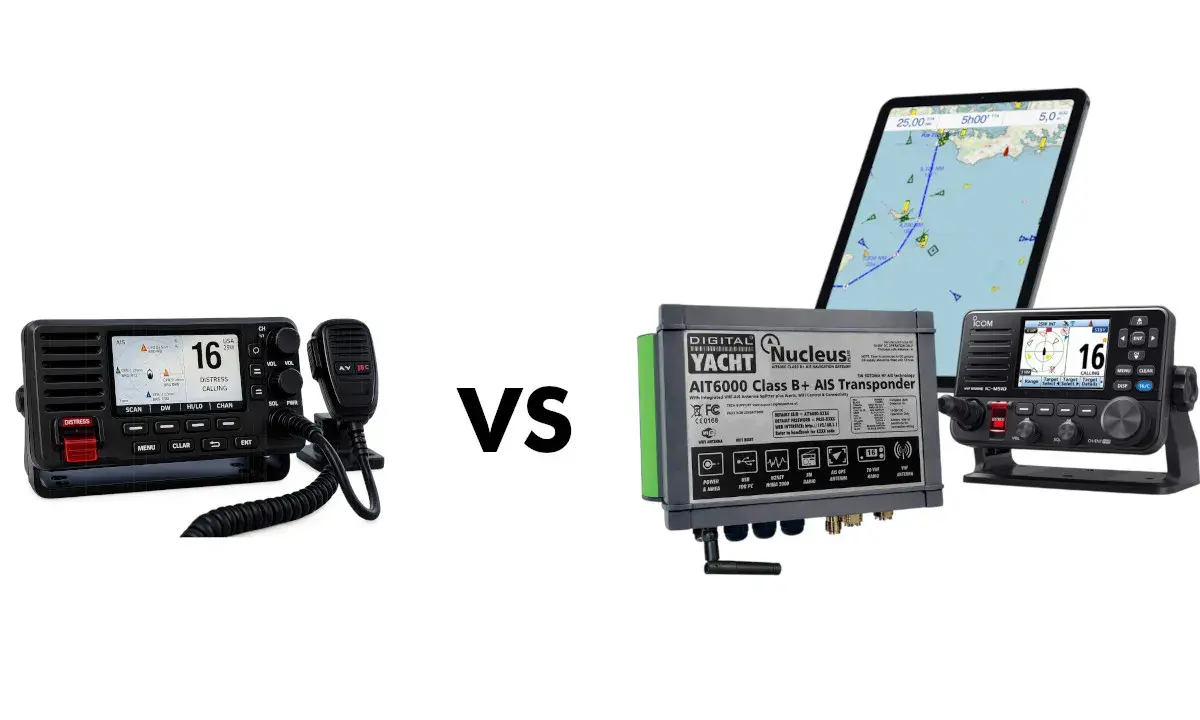 Comparaison d'un combiné VHF avec micro et d'un transpondeur bateau AIS, avec une tablette affichant une carte marine.
