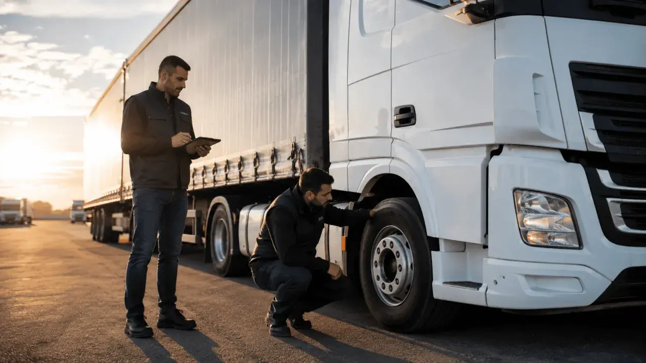 Deux hommes inspectent un camion blanc, l'un vérifiant la roue, l'autre tenant une tablette. Le transport moteur hors bord sur remorque est prêt pour la route.