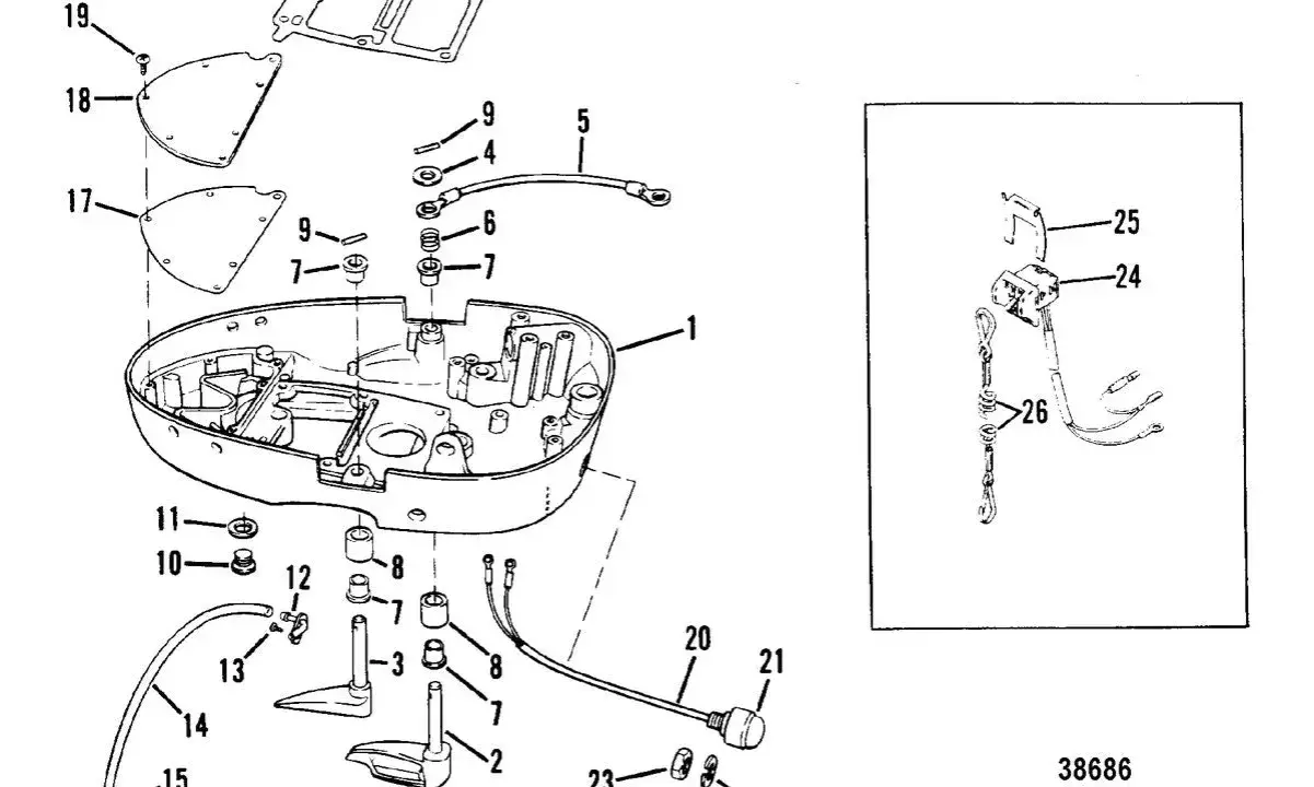 Schéma du circuit de refroidissement moteur hors bord Mercury. Vue éclatée des composants du système de refroidissement.