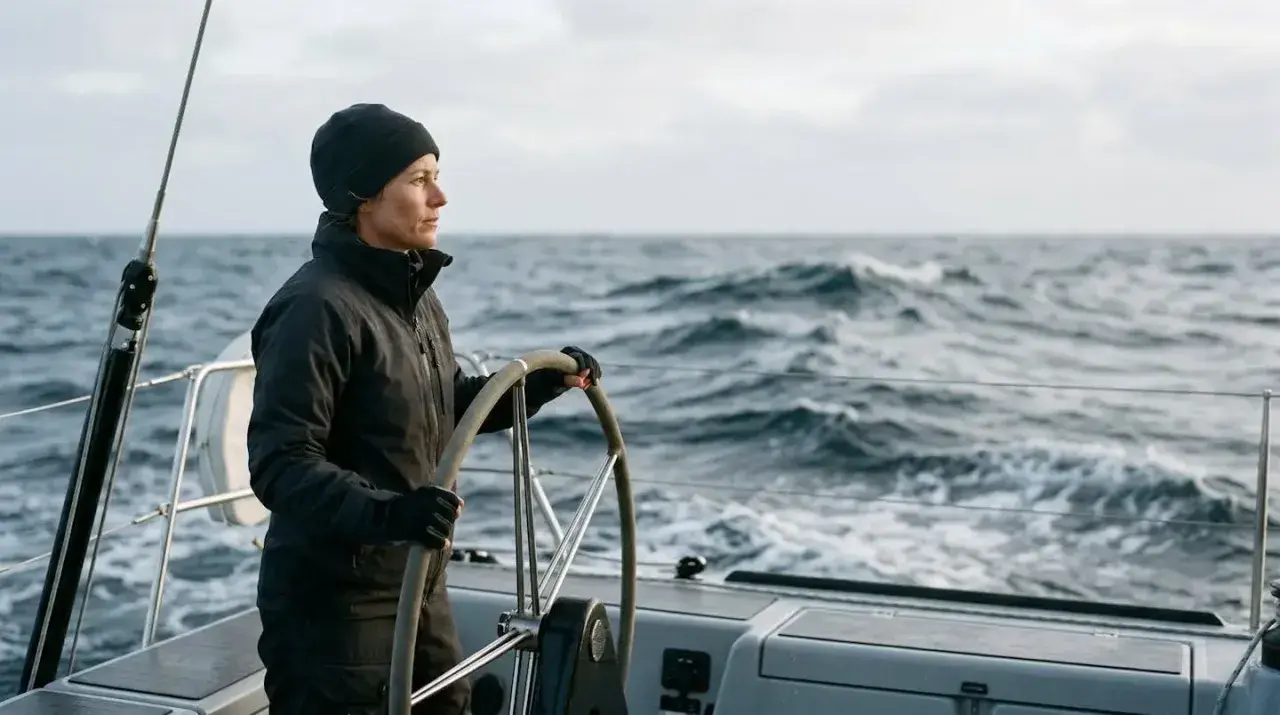 Une femme au gouvernail, concentrée sur la mer agitée. Elle sait comment prendre les vagues en bateau, naviguant avec assurance.