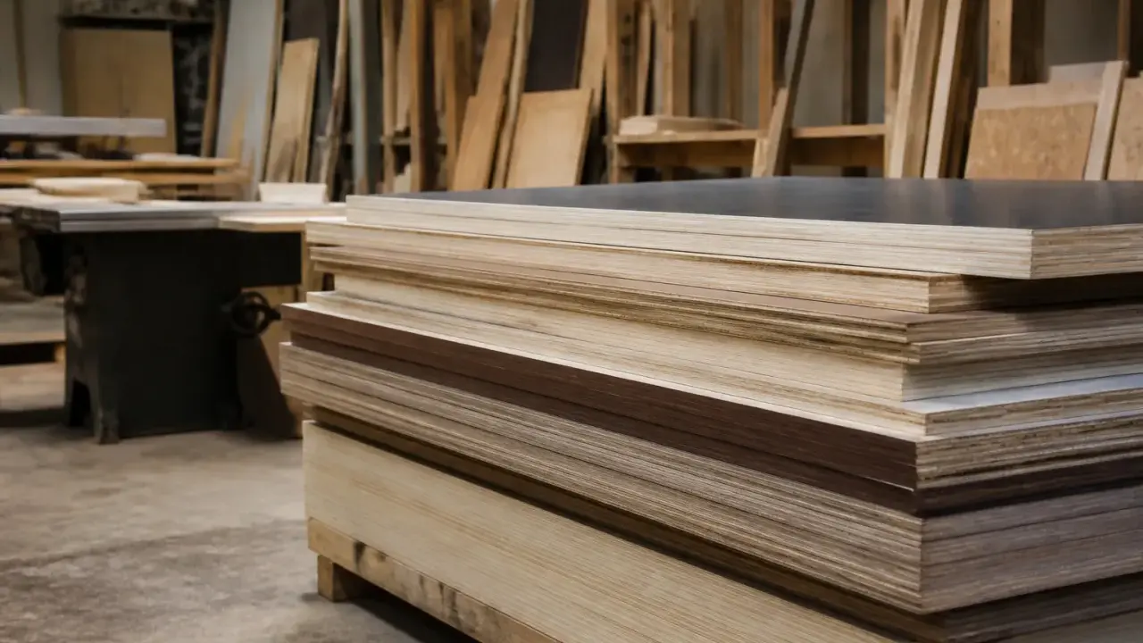 Pile de contreplaqué marine prête à être peinte. Des planches de bois sont empilées dans un atelier.
