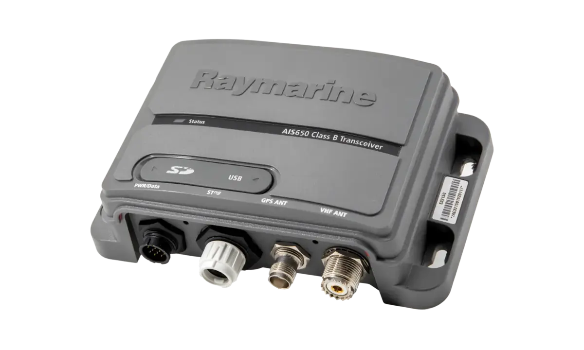 Émetteur-récepteur AIS650 Class B Raymarine, avec ports pour GPS, VHF, alimentation et données. Idéal pour la sécurité en mer.