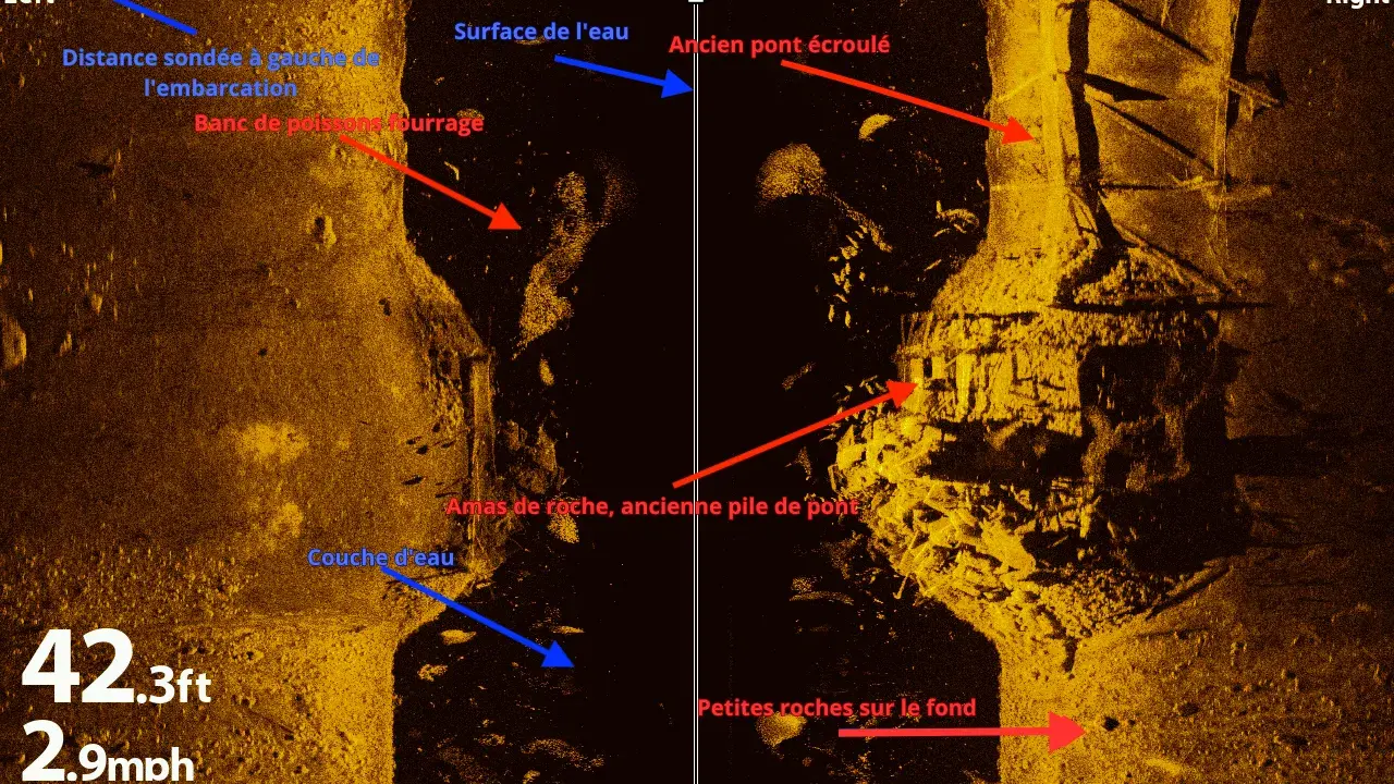 Image d'un sondeur side imaging montrant un ancien pont écroulé, des amas de roche et un banc de poissons.