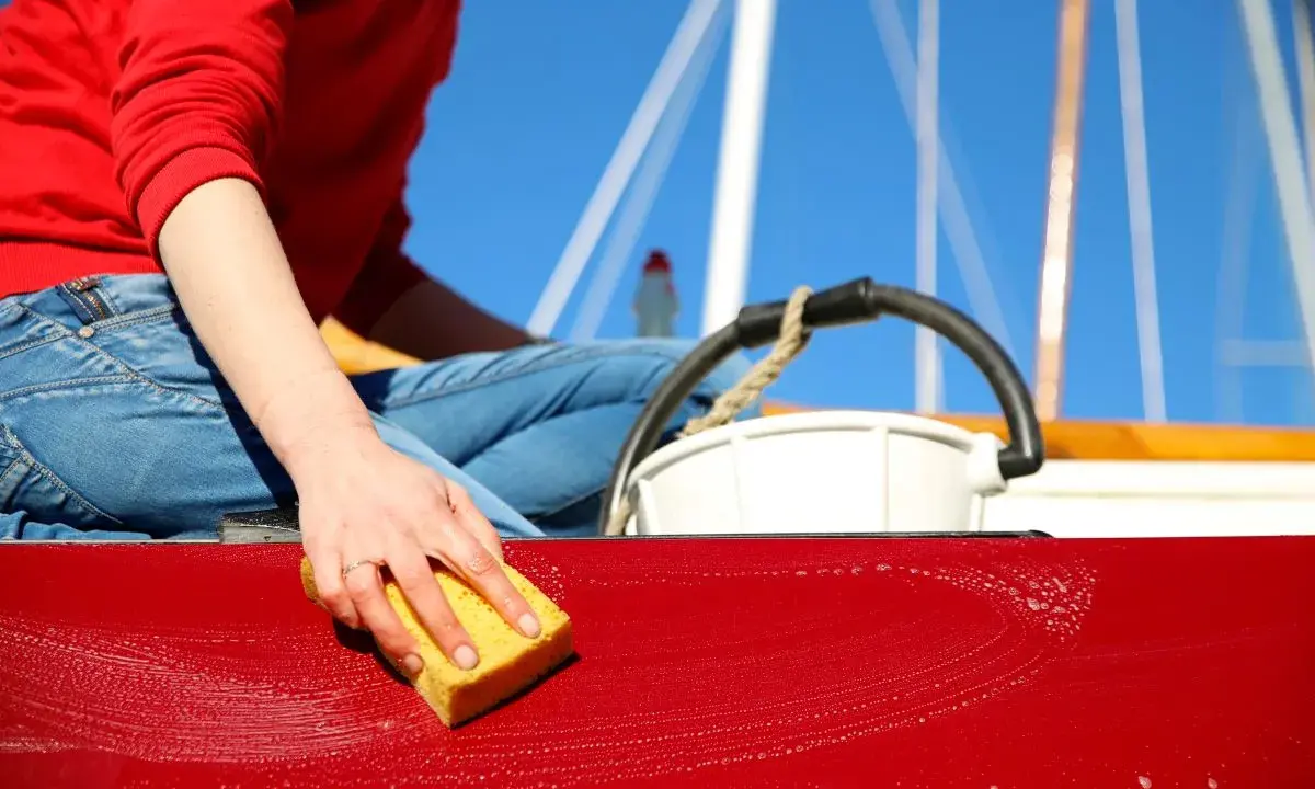 Maintenant, on apprend comment laver une coque de bateau. Une main savonneuse frotte la surface rouge avec une éponge jaune.