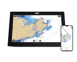Une application GPS marine sans internet affiche des cartes nautiques détaillées sur une tablette et un smartphone, montrant des bouées et des côtes.