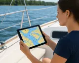 Une femme sur un voilier consulte une tablette affichant une carte marine avec des informations de trafic AIS français.