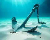 Ancre de bateau posée sur le sable blanc au fond de l'océan, sous des rayons de soleil. Quelle ancre pour mon bateau ?