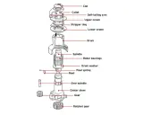 Schéma éclaté d'un treuil montrant le **winch fonctionnement** : tambour, roulements, cliquet, engrenages et bras auto-tendeur.