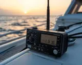 Radio VHF sur un bateau au coucher du soleil. Le classement VHF est essentiel pour la sécurité en mer.