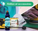 Outils de finition : ponceuse, mélangeur, balance, pot d'huile pour bois. Une alternative à la résine époxy pour un fini naturel.