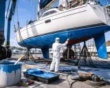 Peinture d'un bateau en cale sèche, un ouvrier en combinaison applique la peinture bleue. Le prix peinture bateau au m2 est calculé pour ce type de travail.