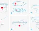 Schémas montrant où installer un sondeur sans percer la coque, sur différentes parties de bateaux.