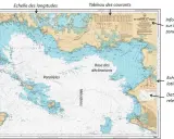Carte bathymétrique de la baie de Quiberon, montrant les profondeurs, les parallèles, les méridiens, la rose des vents et les informations sur la zone et l'échelle.