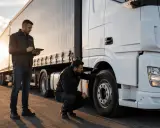 Deux hommes inspectent un camion blanc, l'un vérifiant la roue, l'autre tenant une tablette. Le transport moteur hors bord sur remorque est prêt pour la route.