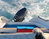 Moteur hors-bord 2 temps sur un bateau en mouvement. Un entretien régulier assure la fiabilité pour vos sorties en mer.