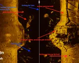 Image d'un sondeur side imaging montrant un ancien pont écroulé, des amas de roche et un banc de poissons.