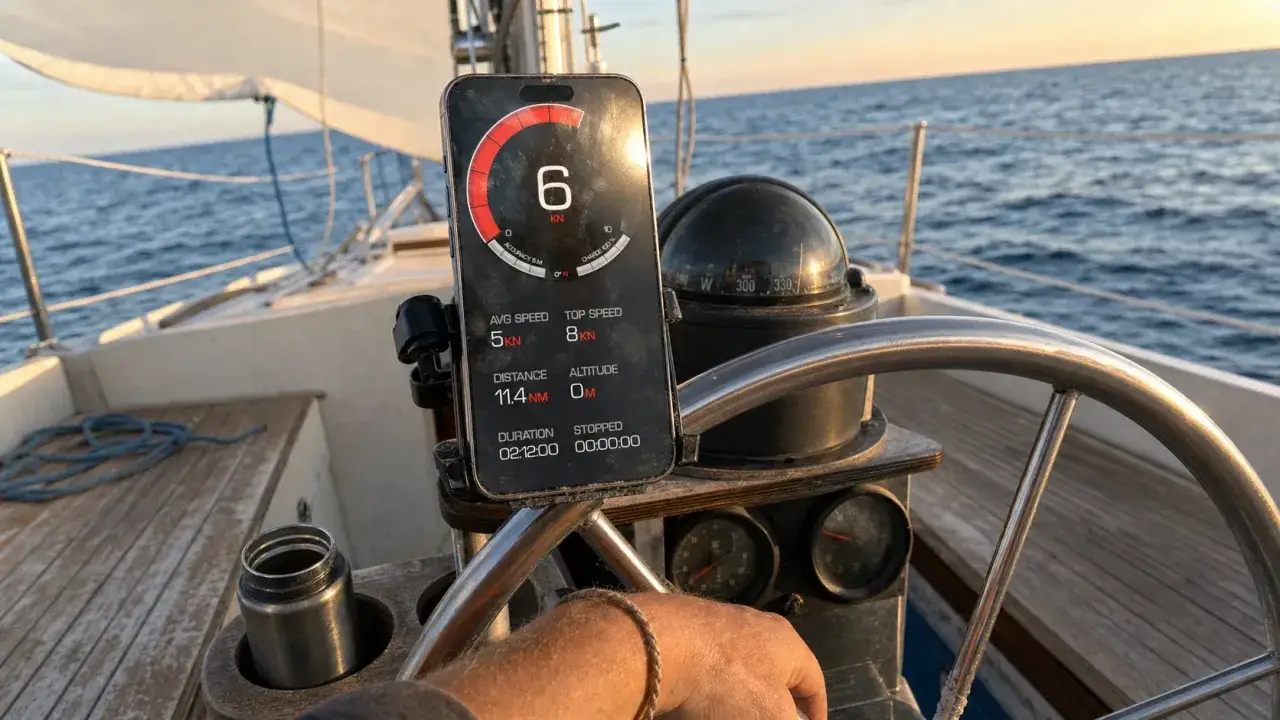 Sur un voilier, un smartphone affiche l'instrument mesure vitesse bateau : 6 nœuds actuels, 5 nœuds de moyenne. Compas et gouvernail visibles.