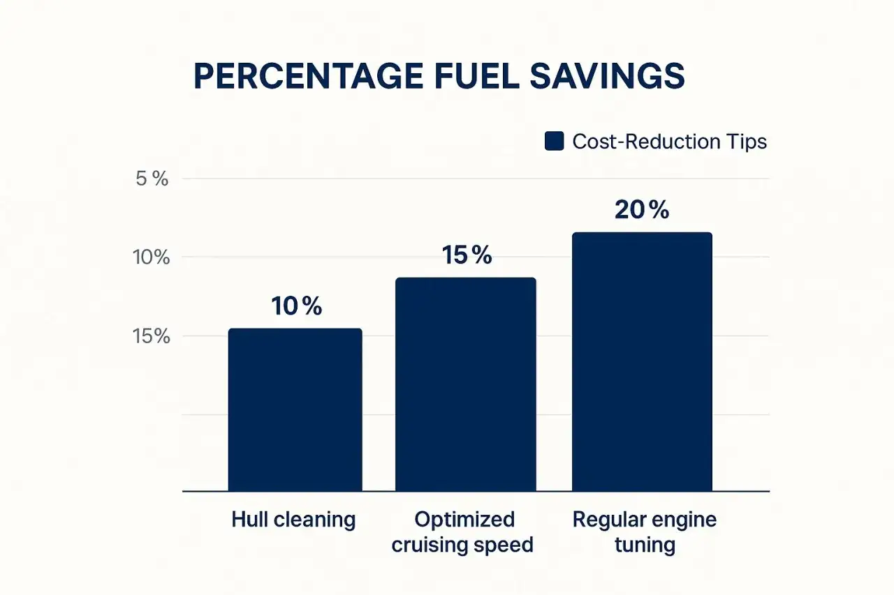Graphique montrant les économies de carburant : nettoyage de coque (10%), vitesse de croisière optimisée (15%), réglage moteur régulier (20%). Réduit la consommation moteur bateau.
