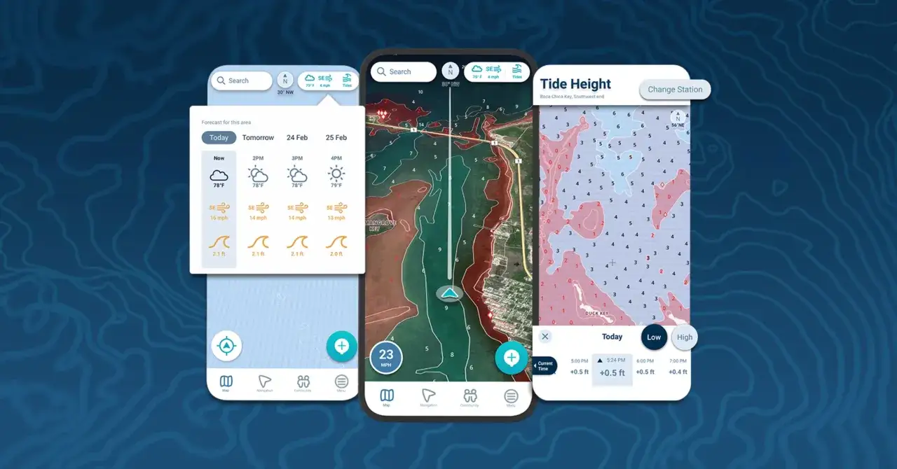 Application de navigation bateau affichant cartes marines, météo et marées pour une traversée en toute sécurité.