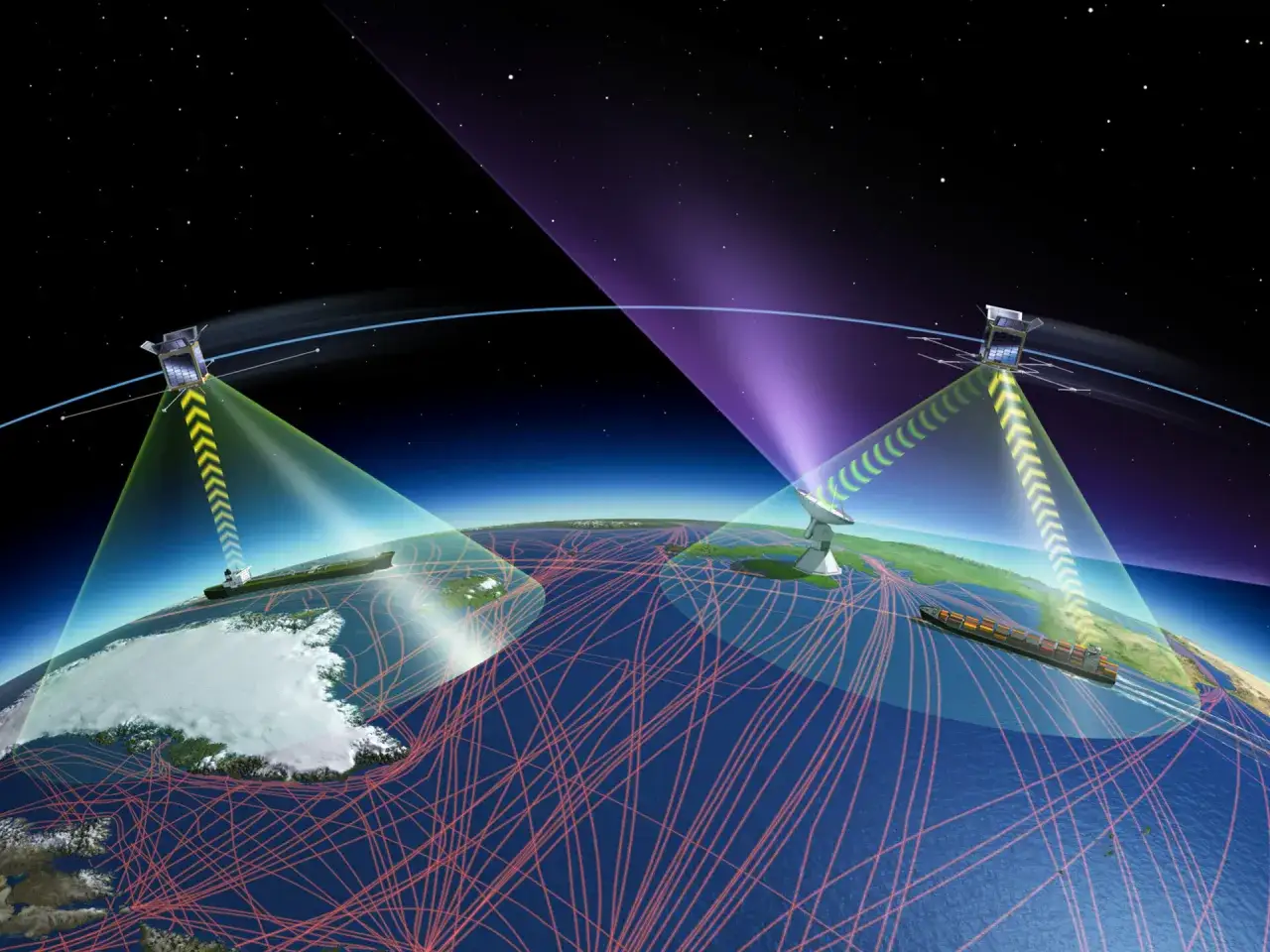 Vue spatiale de la Terre montrant des satellites surveillant le trafic maritime. Des faisceaux lumineux indiquent la transmission de données AIS.