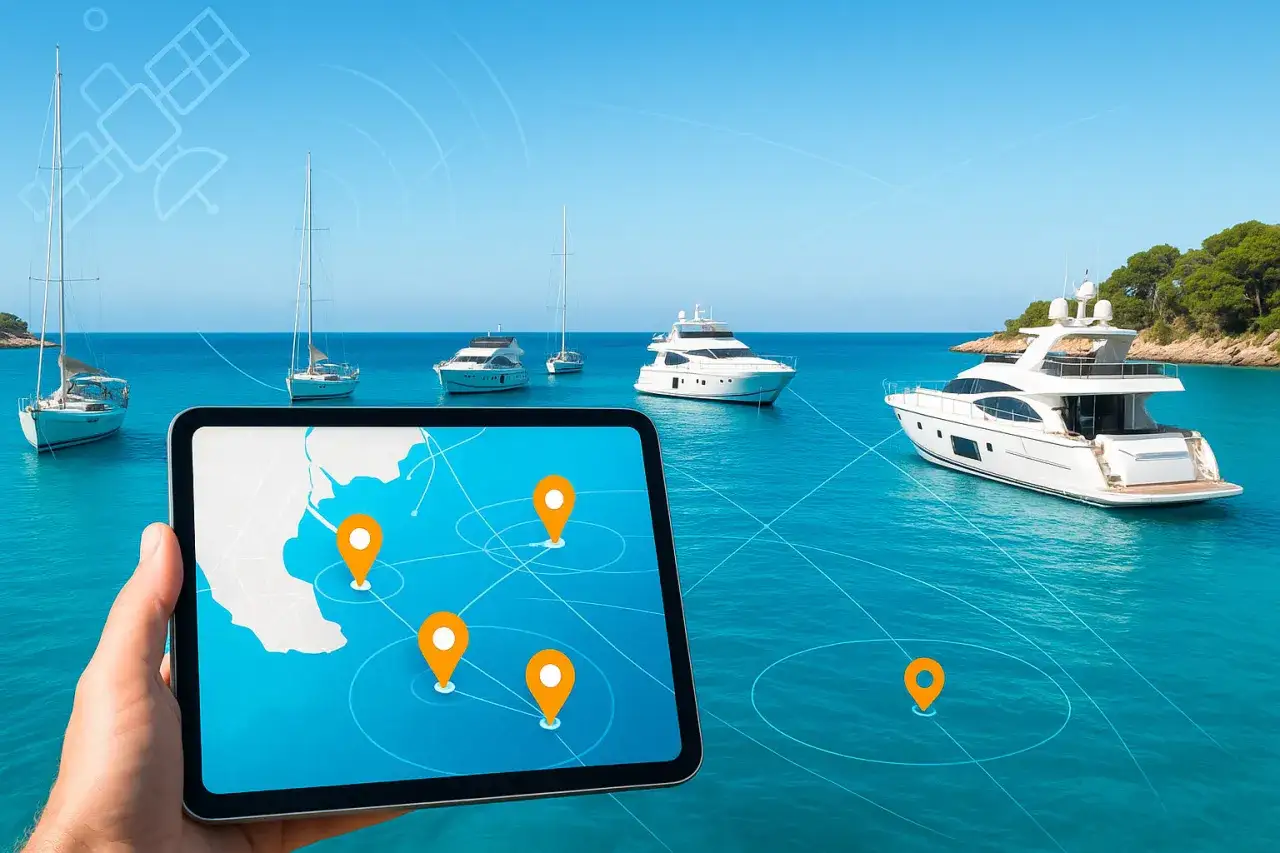 Une tablette affiche une carte avec des repères, connectée par des lignes à un satellite de communication. Des yachts naviguent sur une mer turquoise.