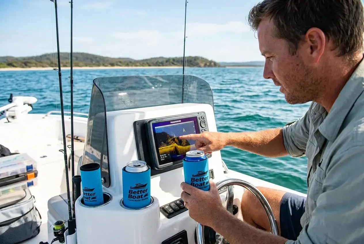 Un pêcheur ajuste l'installation de sa sonde Lowrance sur son bateau, canette à la main.