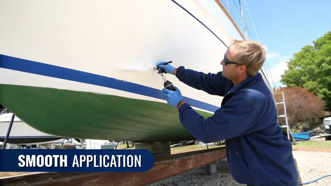Un homme en bleu applique une peinture blanche sur la coque d'un bateau, prêt à repeindre un bateau pour un nouveau départ.