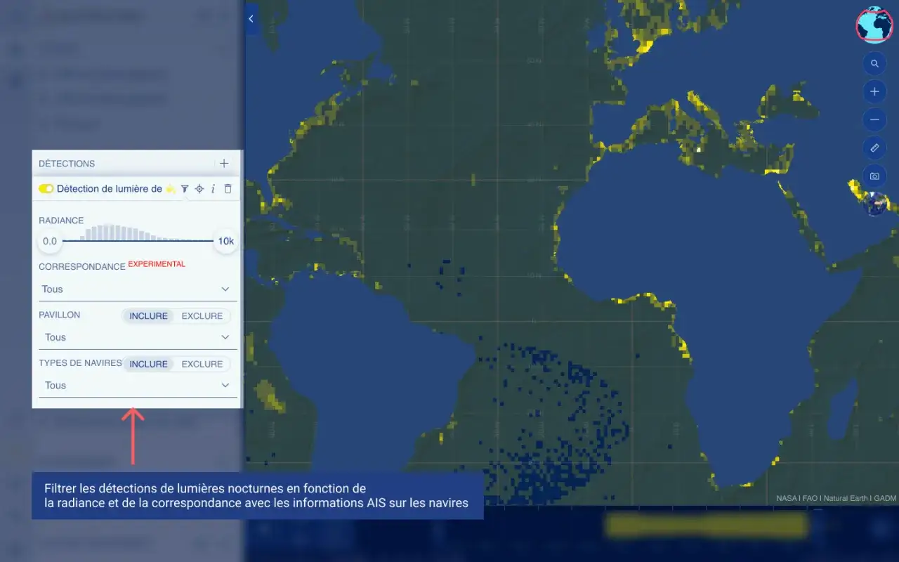 Carte des lumières nocturnes maritimes, filtrées par radiance et correspondance avec les informations AIS des navires.