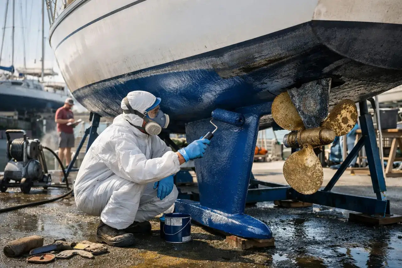 Un marinier en combinaison, masque et gants bleus, applique de la peinture bleue sur la quille d'un bateau. Entretien bateau en cours.