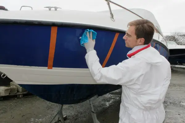 Un homme en combinaison blanche effectue l'entretien d'un bateau bleu et blanc, le lustrant avec un chiffon bleu.