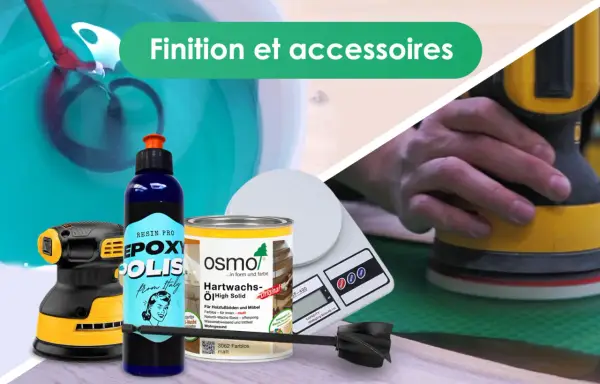 Outils de finition : ponceuse, mélangeur, balance, pot d'huile pour bois. Une alternative à la résine époxy pour un fini naturel.